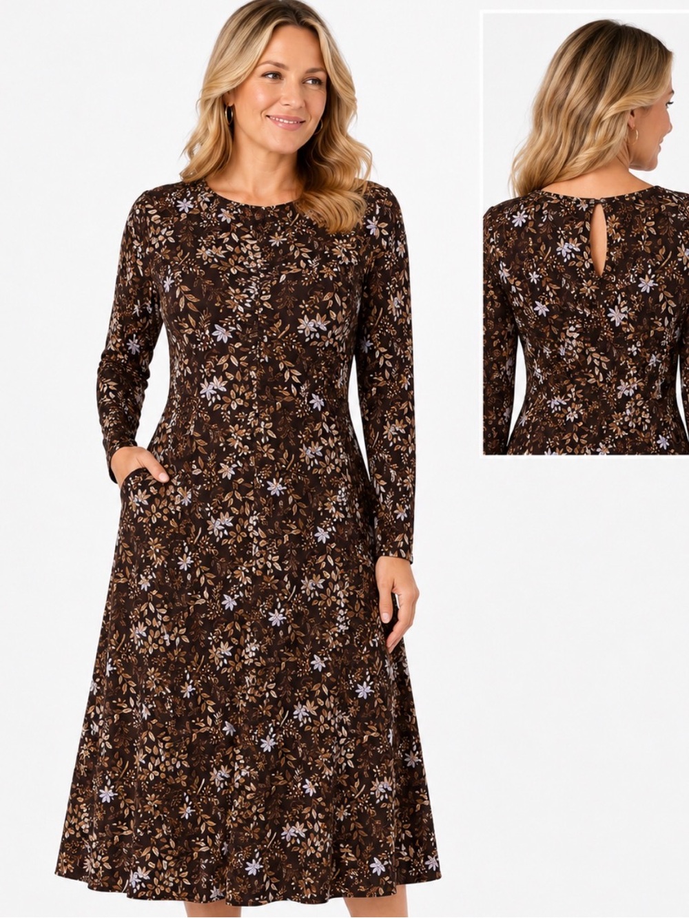 LOFT Brown Floral Long-Sleeve A-Line Dress Large Petite Fall Cottagecore